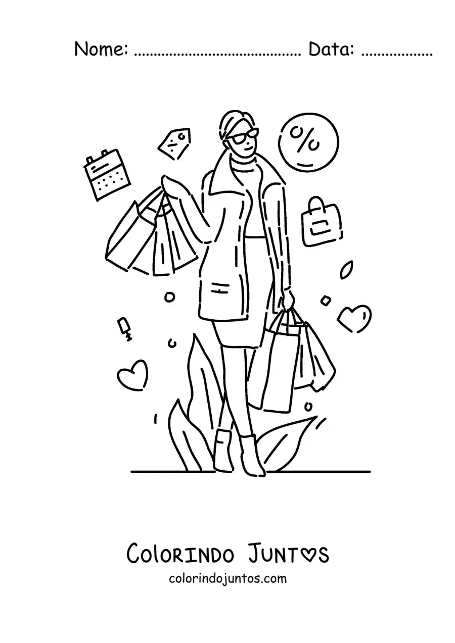 Desenho para colorir de uma mulher fazendo compras na temporada de promoções