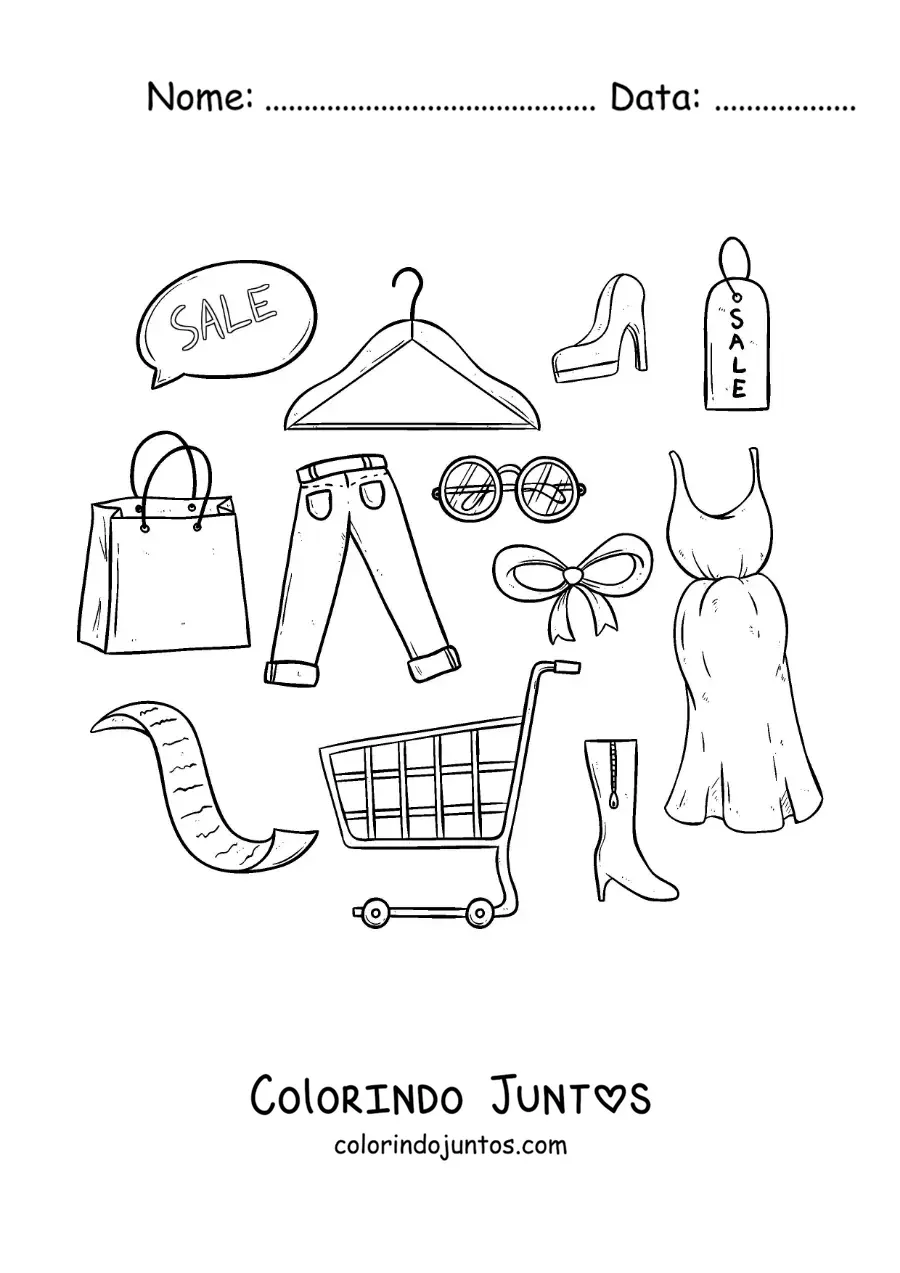 Desenho para colorir de um carrinho de compras com roupas ao redor
