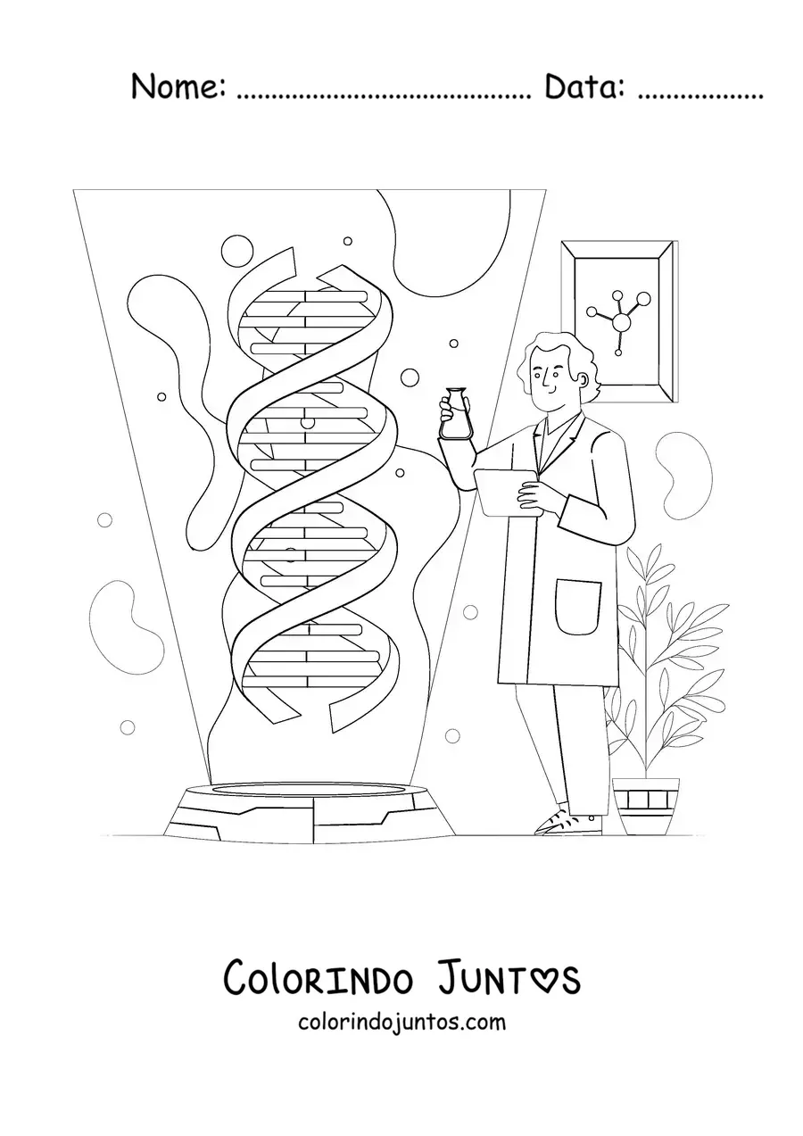 Desenho para colorir de um cientista em um laboratório de genética
