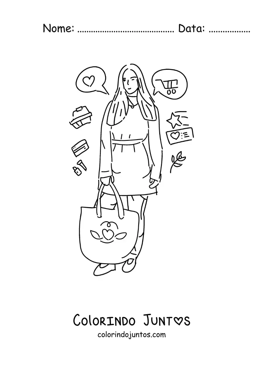 Desenho para colorir de uma menina fazendo compras com sua sacola