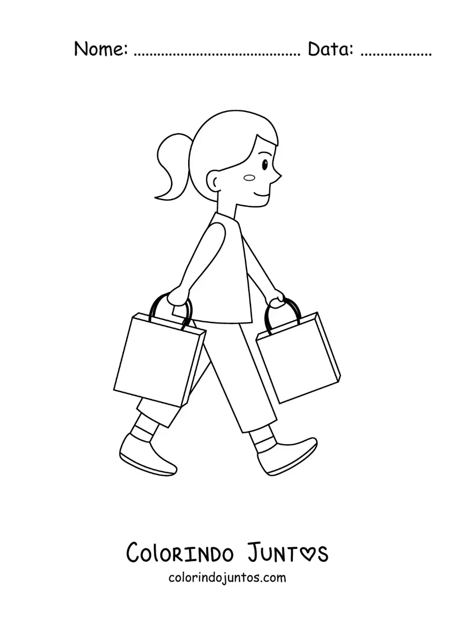 Desenho para colorir de uma menina caminhando com duas sacolas de compras
