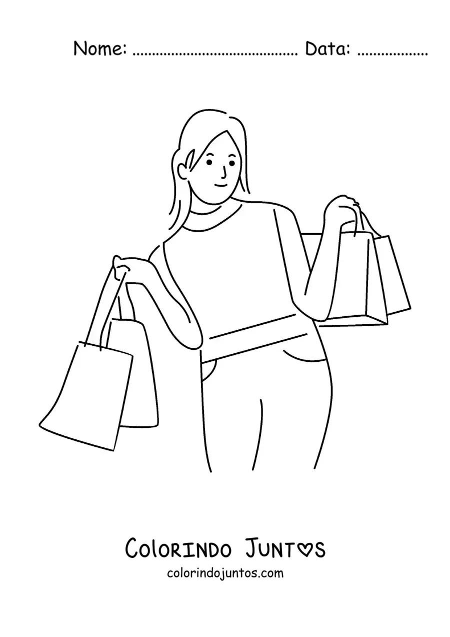 Desenho para colorir de uma menina com muitas sacolas de compras