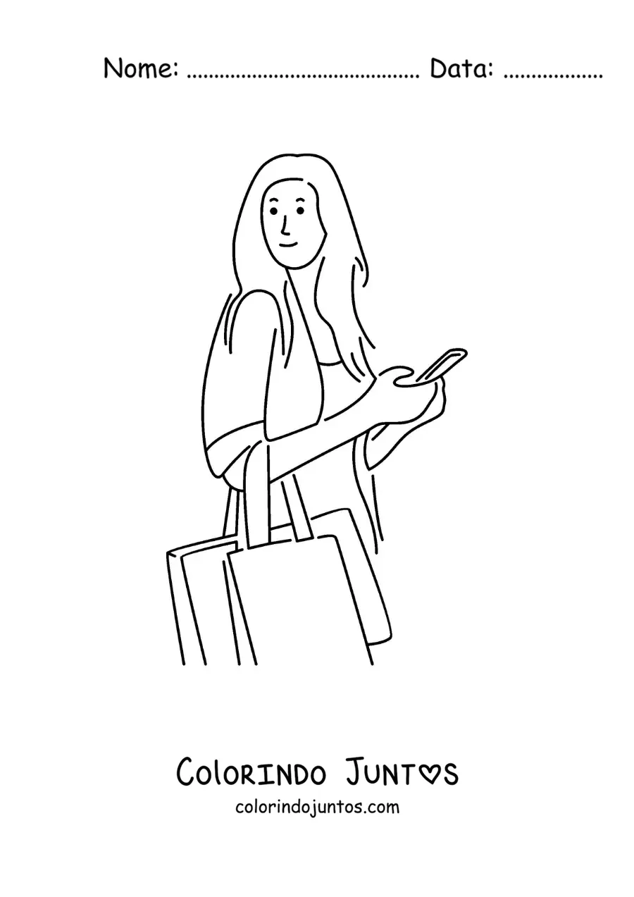 Desenho para colorir de uma menina fazendo compras com sacolas e o telefone na mão