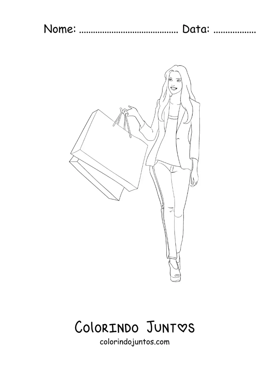 Desenho para colorir de uma linda menina fazendo compras