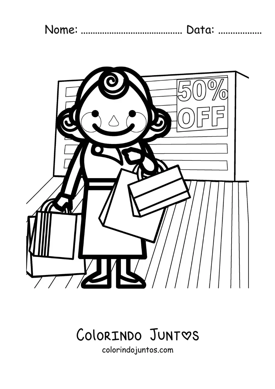 Desenho para colorir de uma mulher fazendo compras em uma loja com promoções pela metade do preço