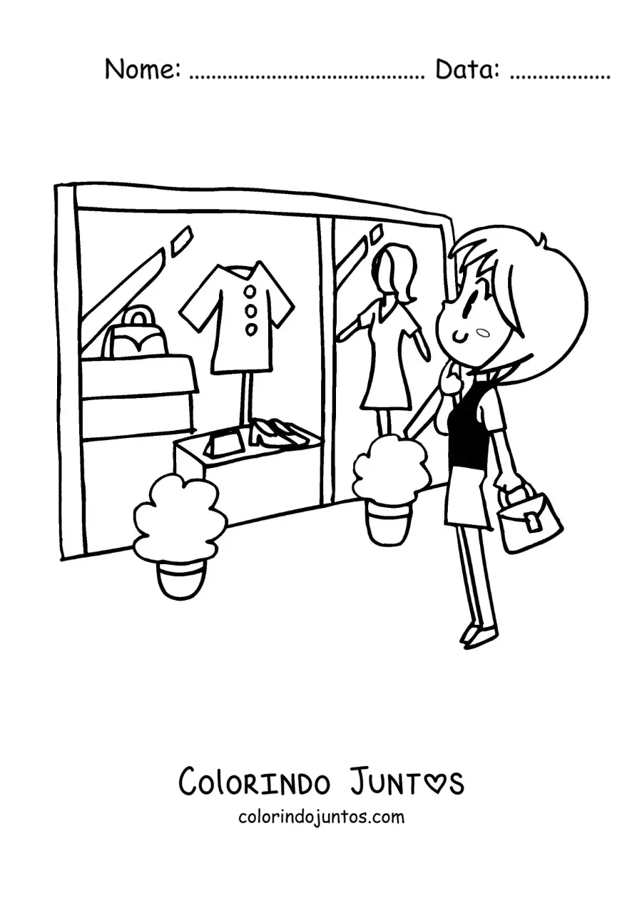 Desenho para colorir de uma mulher fazendo compras olhando a vitrine de uma loja de roupas