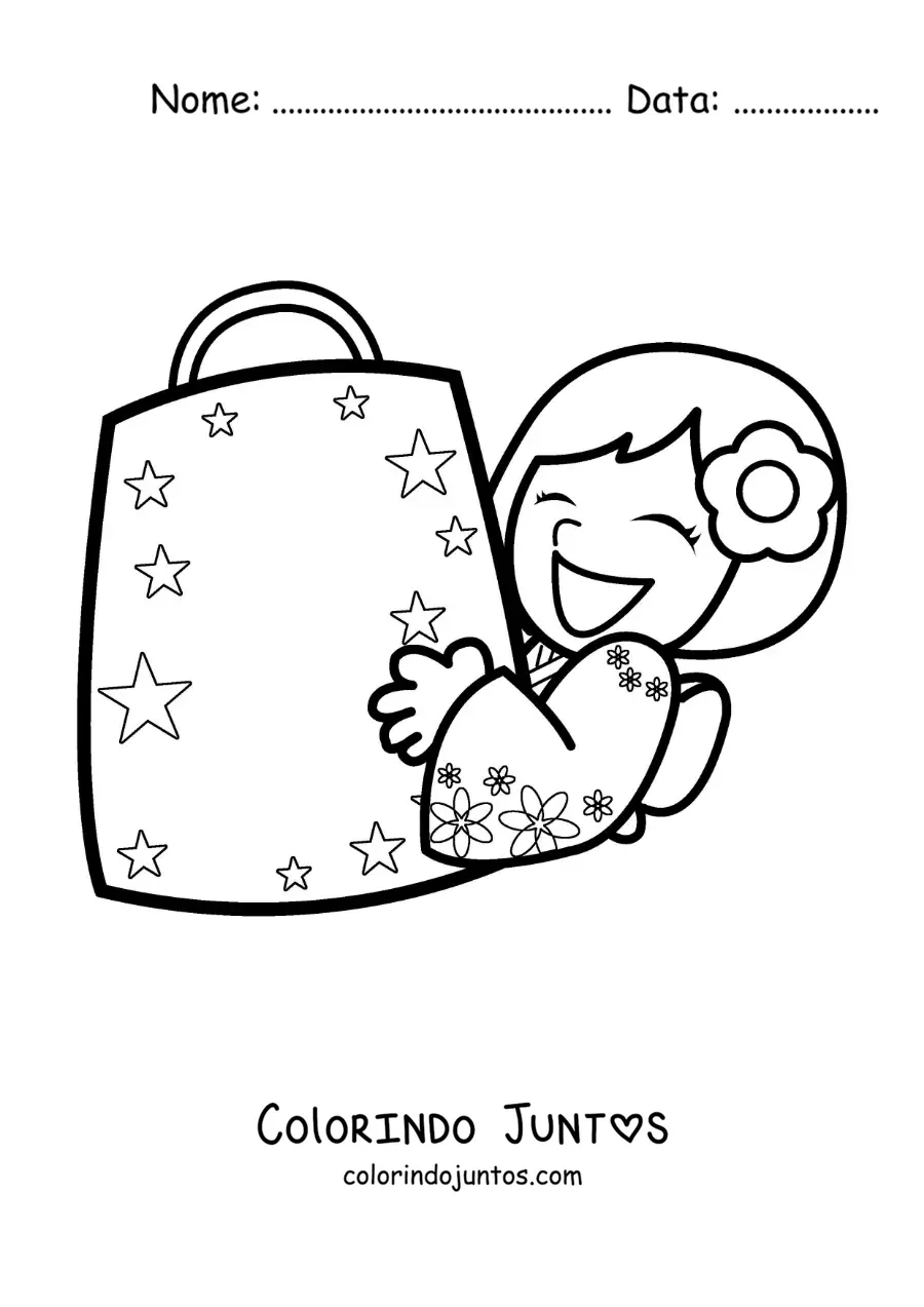 Desenho para colorir de uma menina japonesa feliz com sua sacola de compras