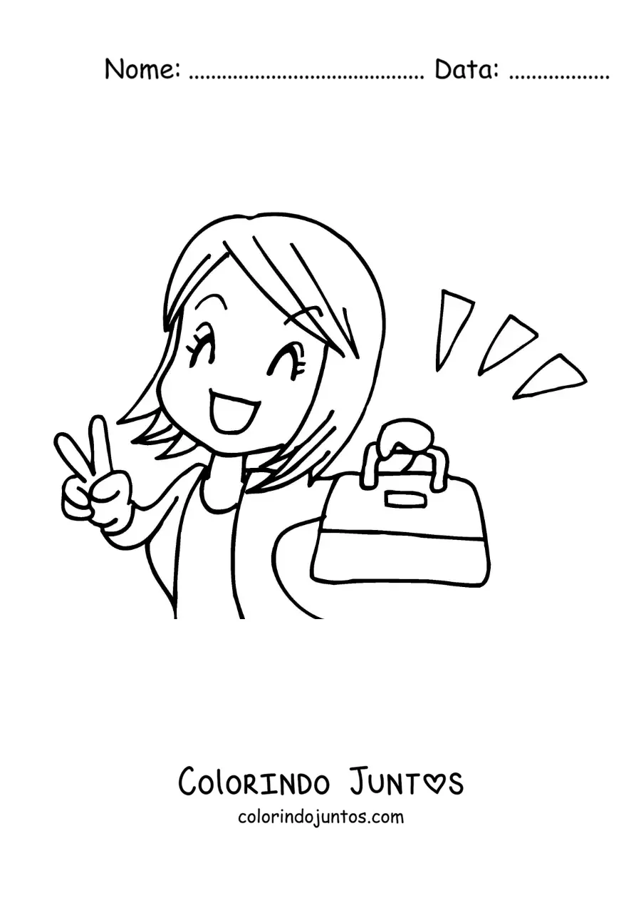 Desenho para colorir de um desenho de uma mulher feliz por comprar uma bolsa nova