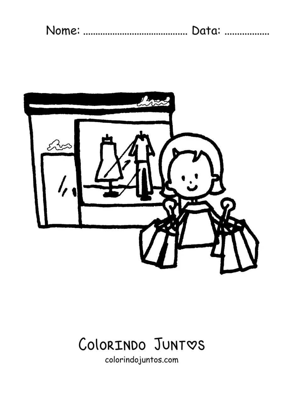 Desenho para colorir de uma mulher fazendo compras em frente a uma loja de roupas com sacolas