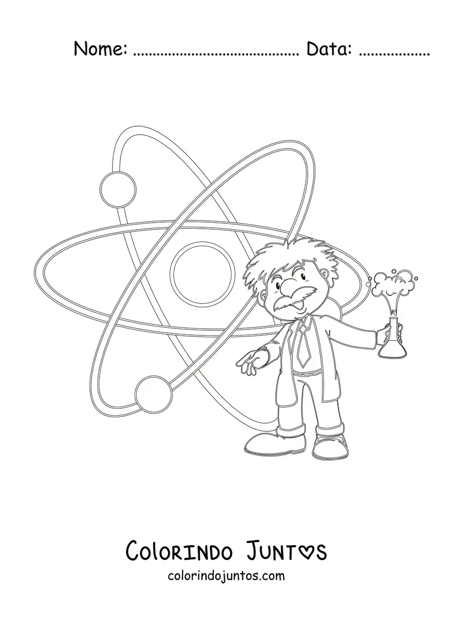 Desenho para colorir de Albert Einstein animado ao lado de um átomo