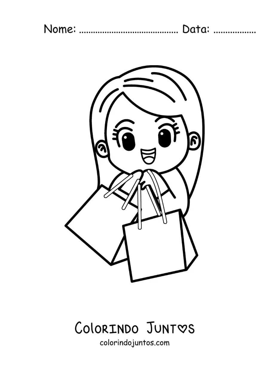 Desenho para colorir de uma menina kawaii fazendo compras