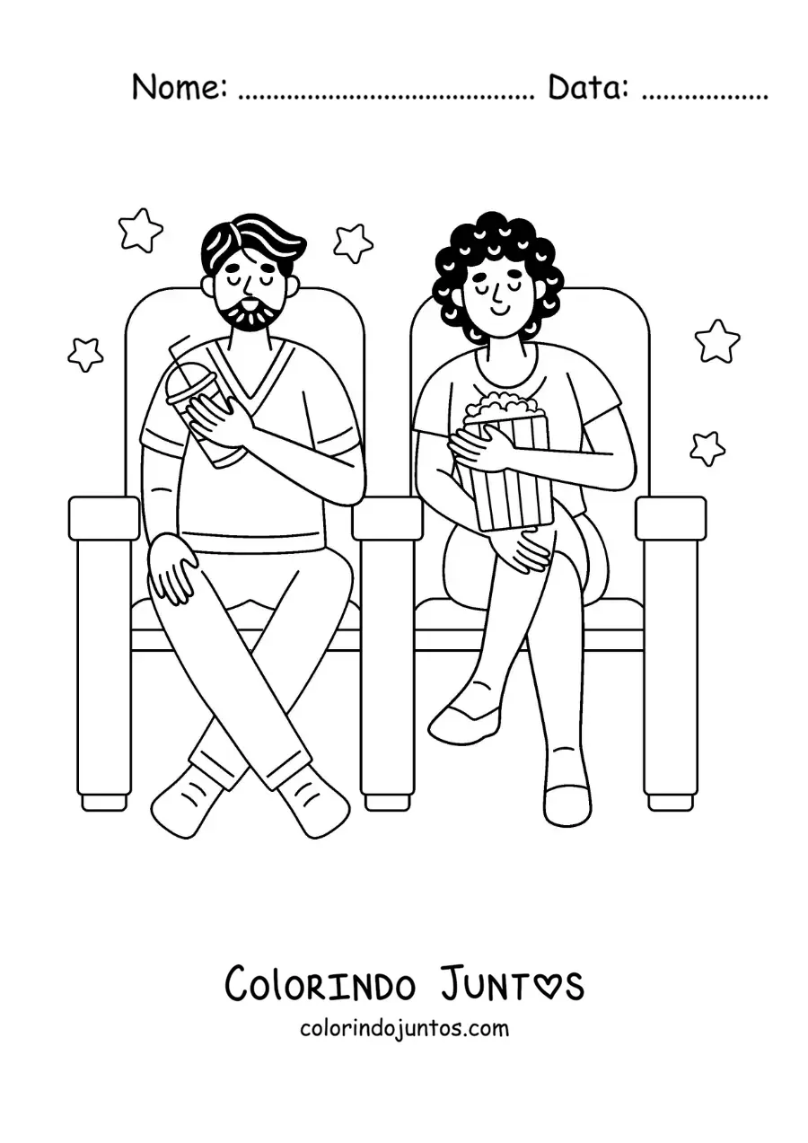 Desenho para colorir de uma menina e um menino com pipoca no cinema