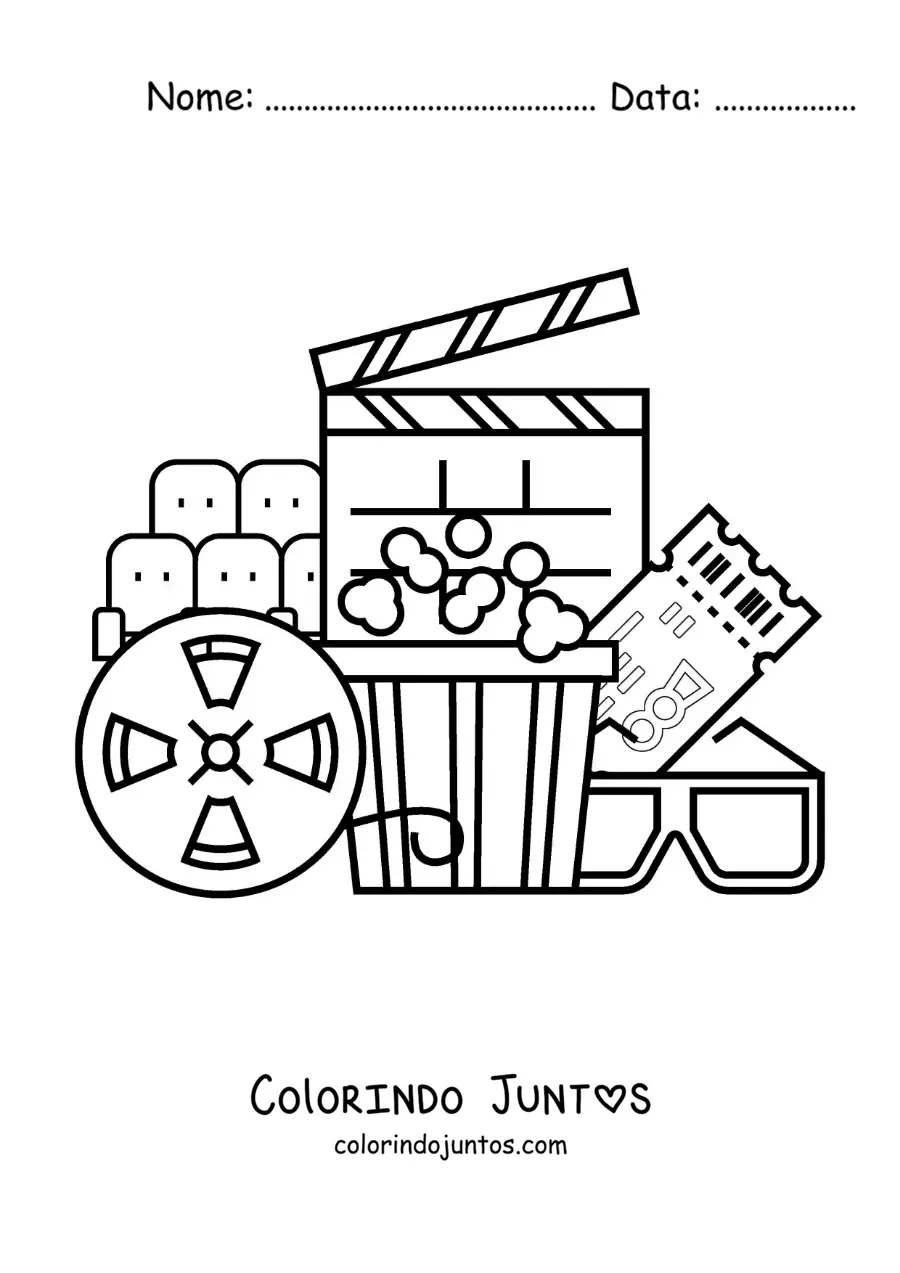 Desenho para colorir de pipoca, óculos, um ingresso e outros itens de cinema