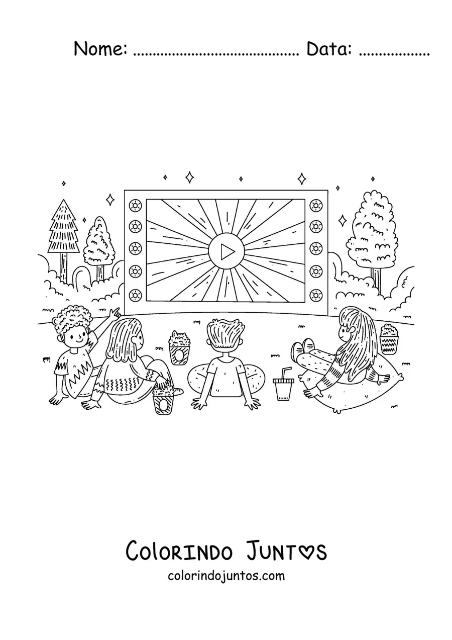 Desenho para colorir de crianças assistindo a uma projeção ao ar livre