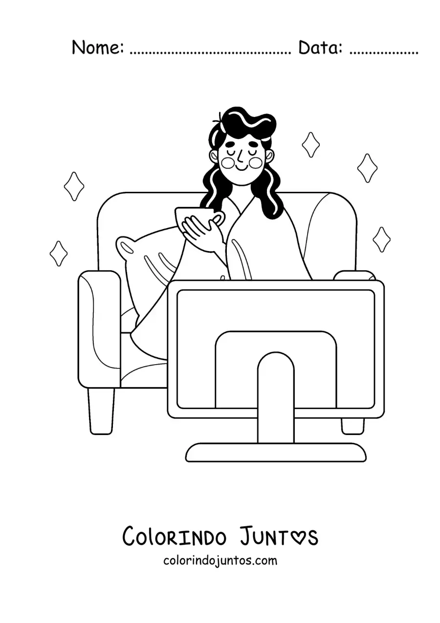 Desenho para colorir de uma menina com uma manta assistindo filmes em casa