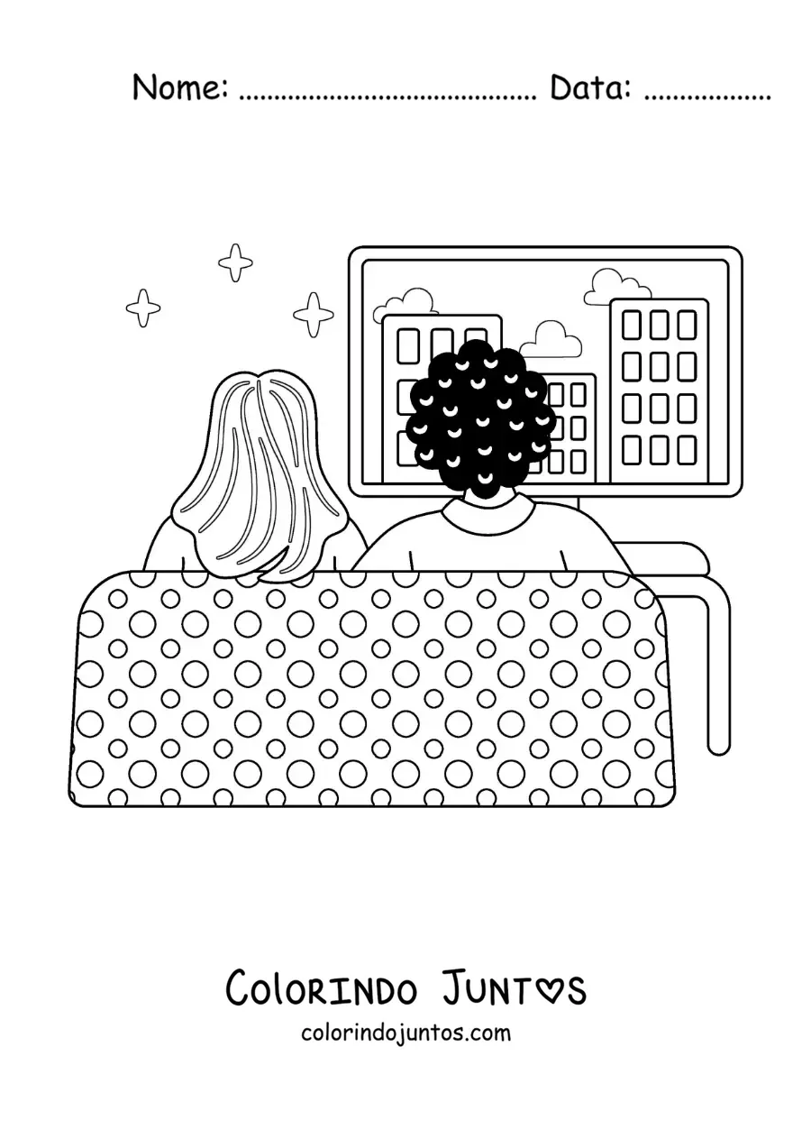 Desenho para colorir de um casal assistindo filmes em casa