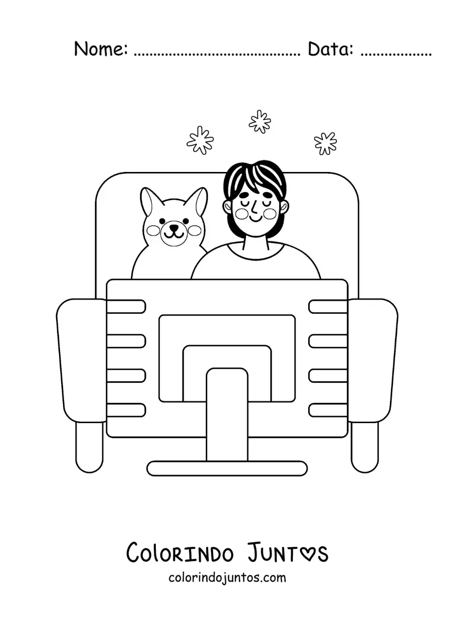 Desenho para colorir de um menino e seu cachorro assistindo filmes em casa