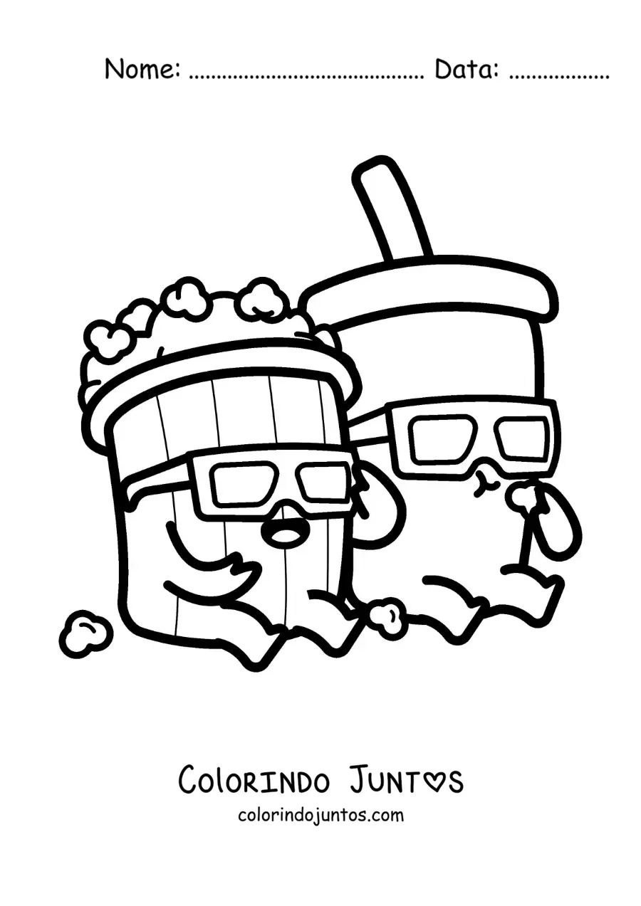 Desenho para colorir de pipoca e refrigerante de cinema animados kawaii