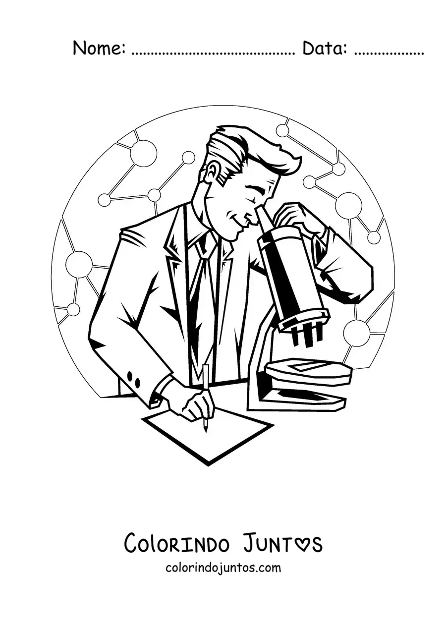 Desenho para colorir de um cientista olhando através de um microscópio