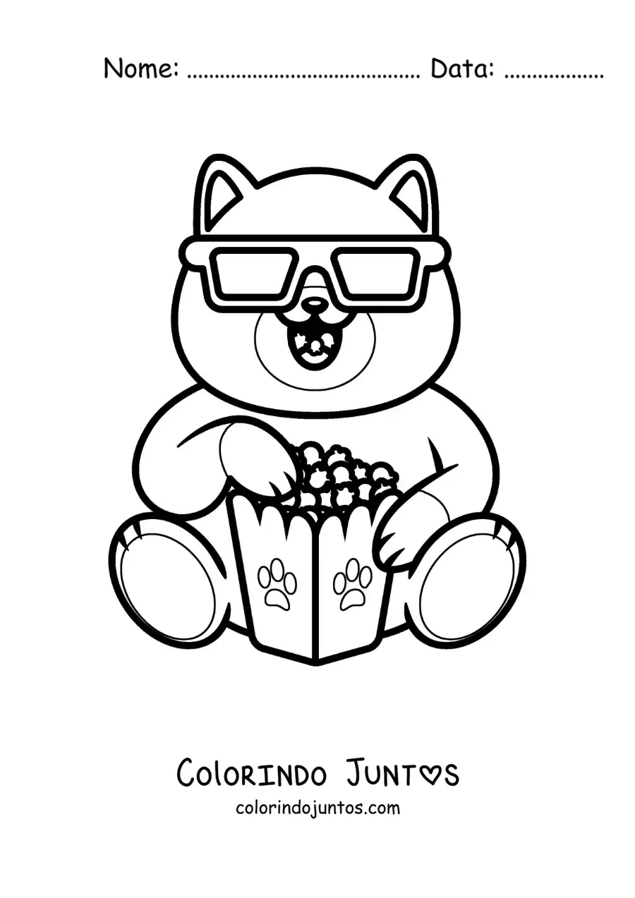 Desenho para colorir de um gato animado com óculos 3D comendo pipoca