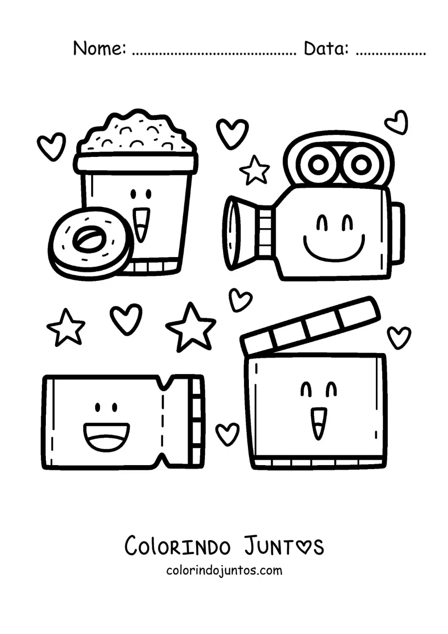 Desenho para colorir de projetor, câmera, pipoca e outros elementos de cinema animados