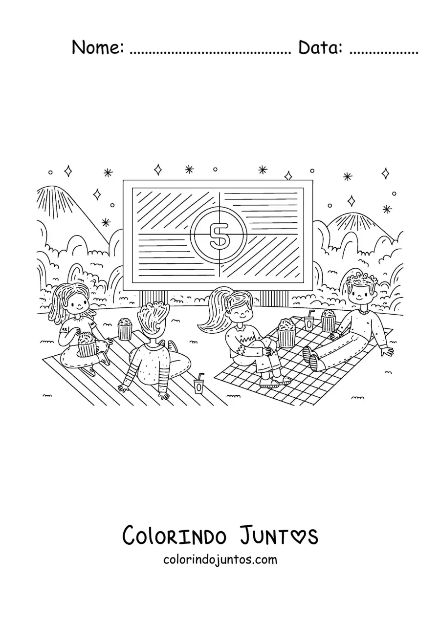 Desenho para colorir de casais jovens assistindo a um filme ao ar livre em um parque