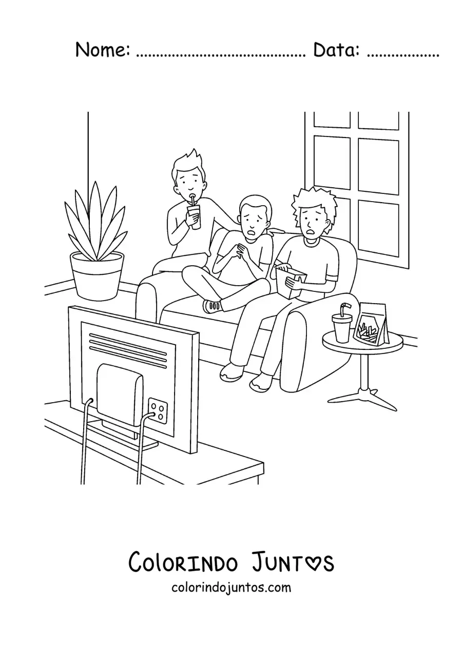 Desenho para colorir de três crianças assistindo a um filme de terror em casa