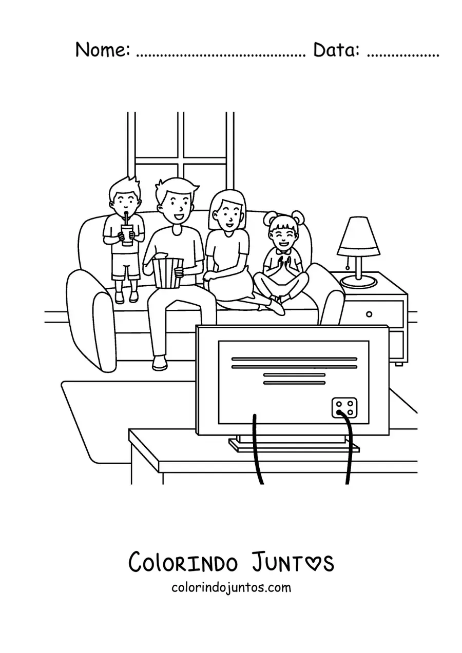 Desenho para colorir de uma família com crianças assistindo a um filme em casa