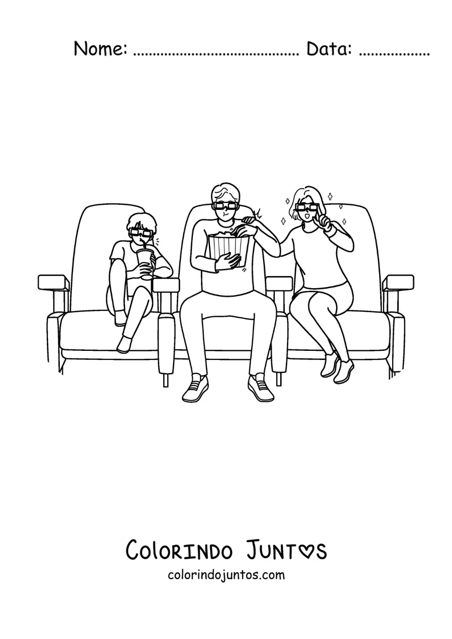 Desenho para colorir de mamãe, papai e filho assistindo a um filme no cinema