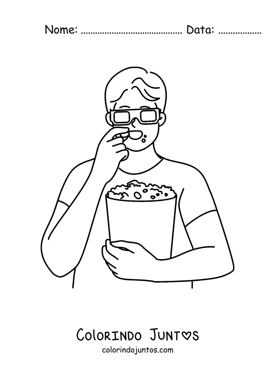 Desenho para colorir de um menino com óculos 3D comendo pipoca
