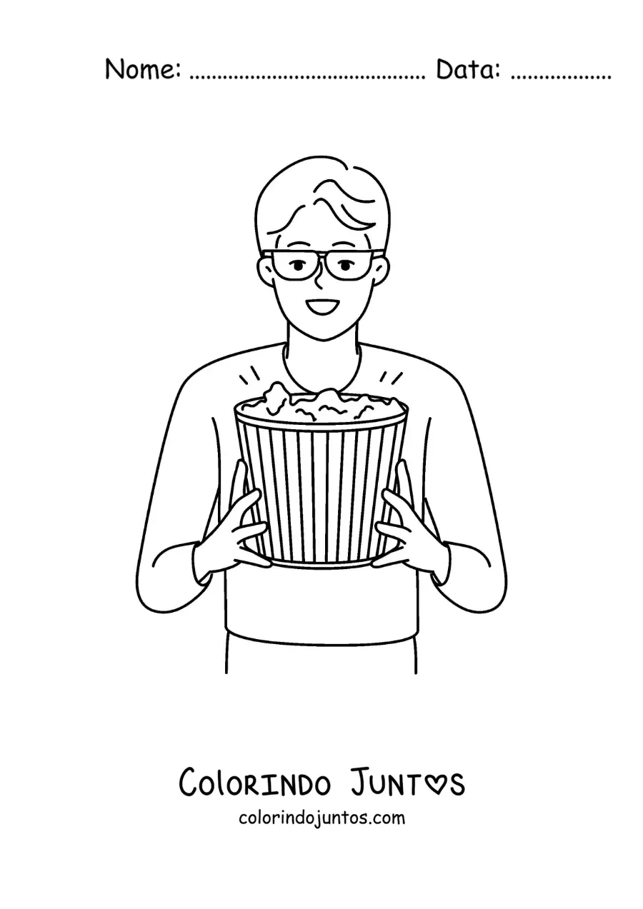 Desenho para colorir de um menino com pipoca de cinema