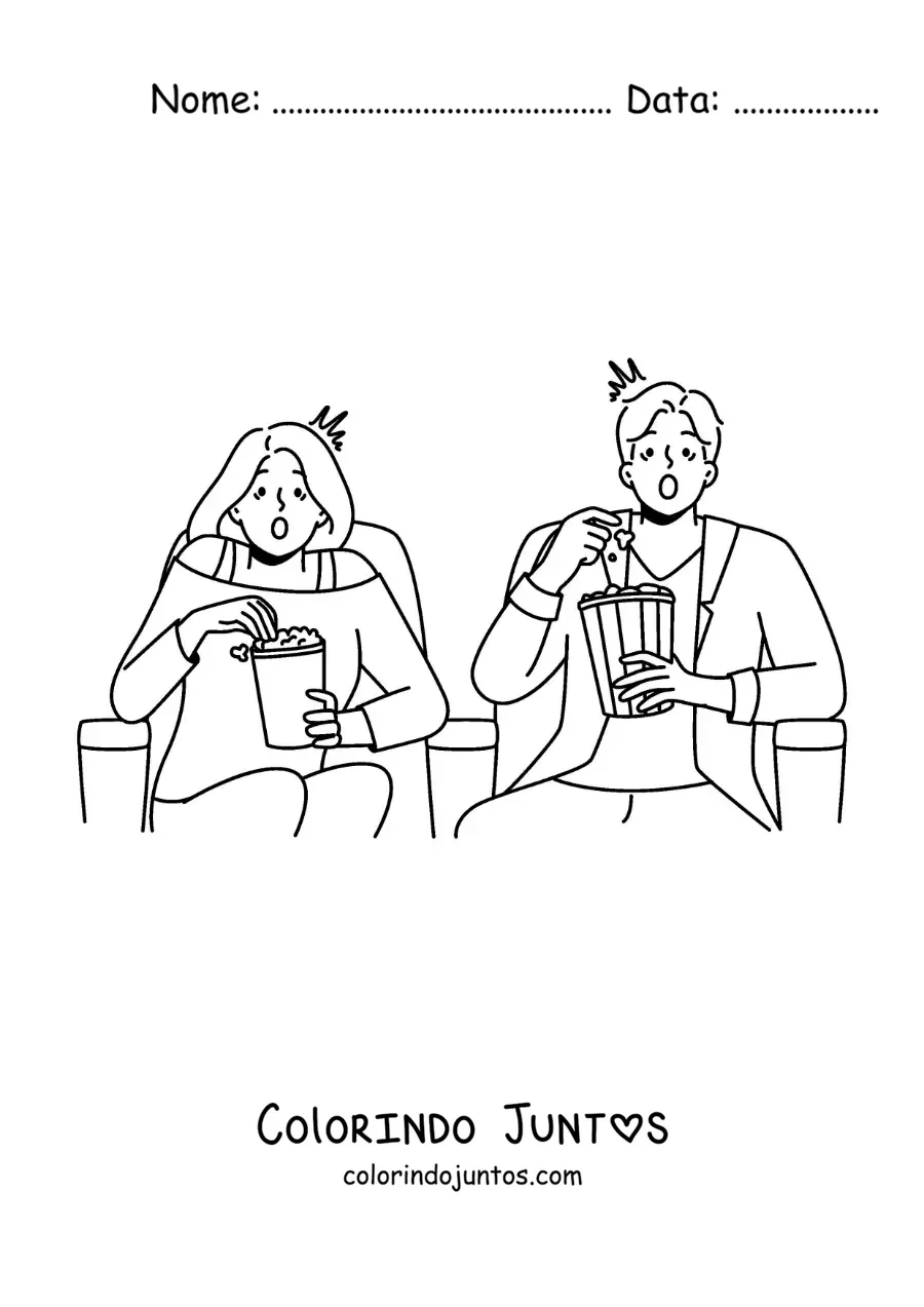 Desenho para colorir de um casal assistindo a um filme de terror no cinema