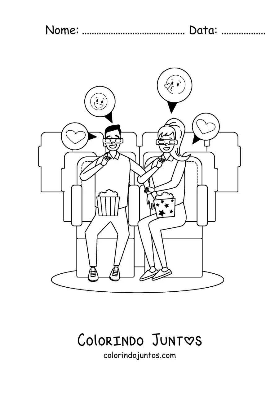 Desenho para colorir de um casal assistindo a um filme em um encontro no cinema