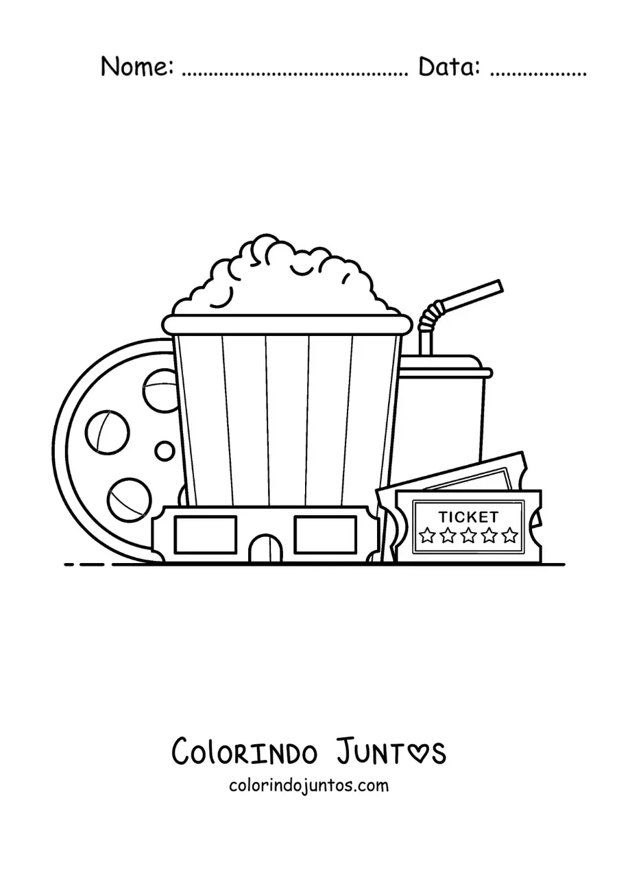 Desenho para colorir de ingressos, pipoca, rolo de filme, óculos 3D e outros elementos de cinema