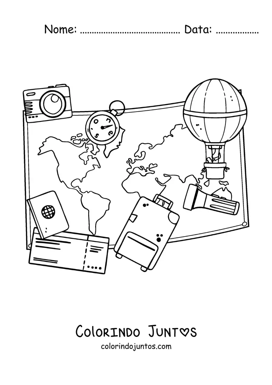 Desenho para colorir de mapa, mala, passagens e outros elementos de viagem