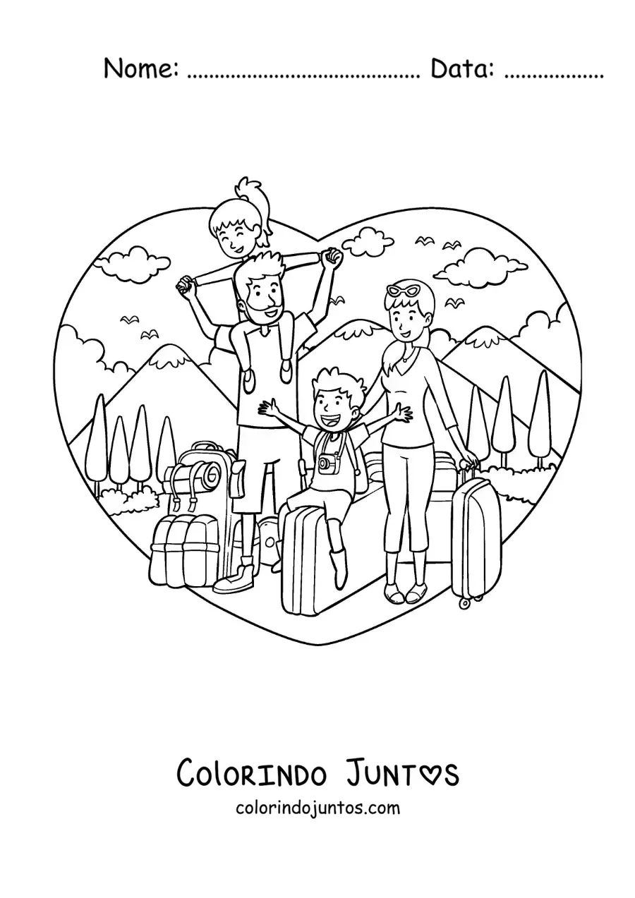 Desenho para colorir de uma família com crianças com malas de viagem na natureza