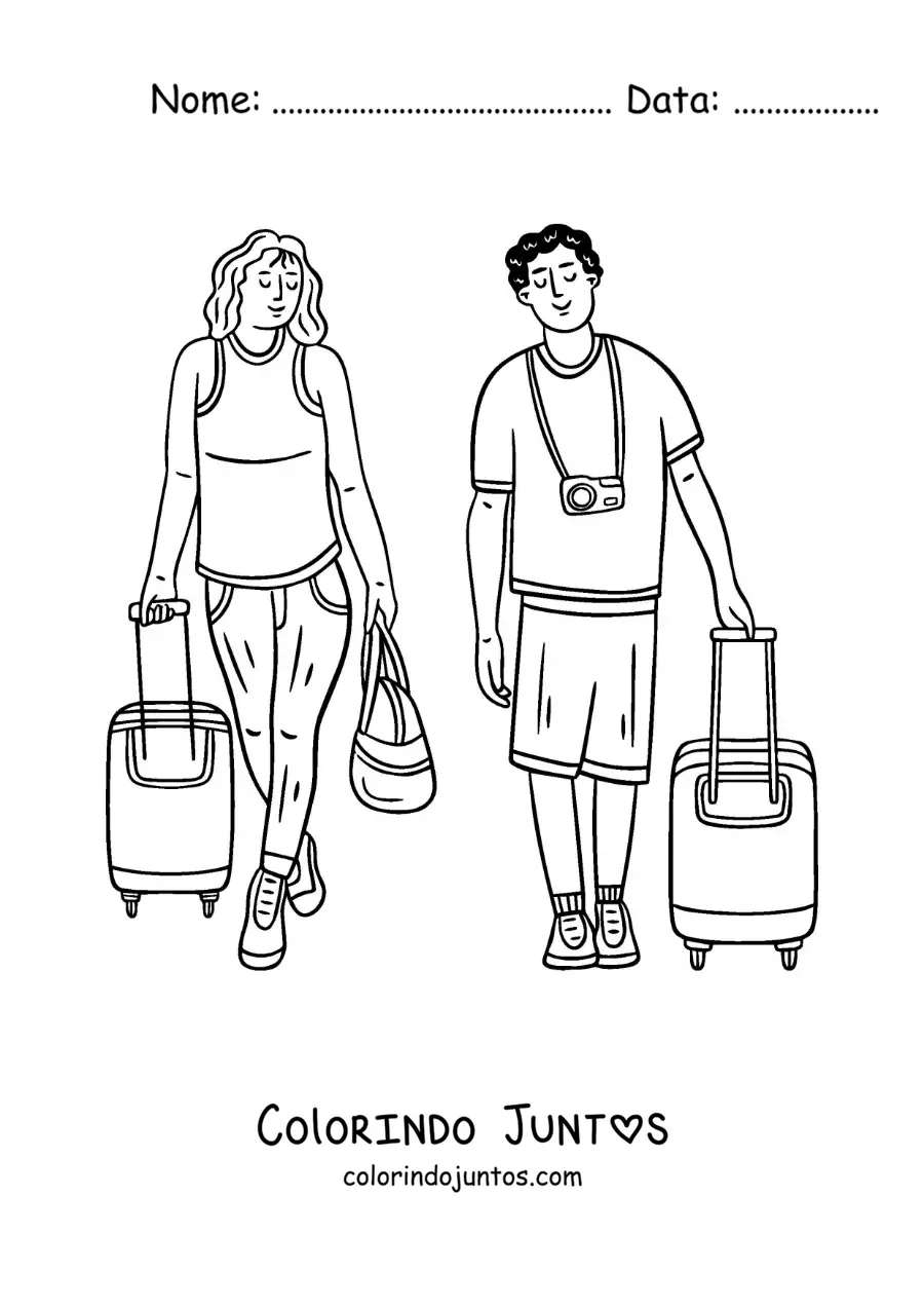 Desenho para colorir de um casal de viajantes com malas