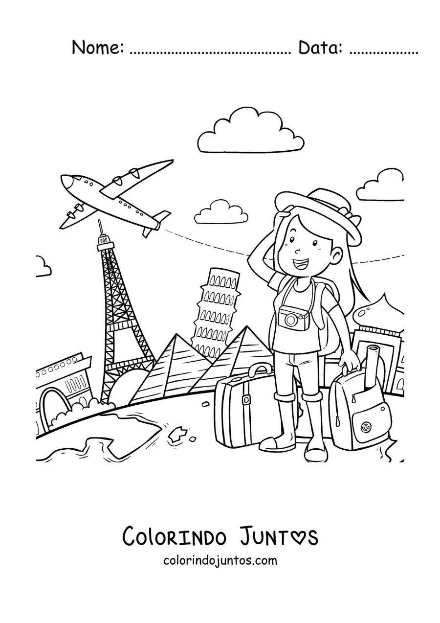 Desenho para colorir de uma menina turista com malas de viagem pelo mundo
