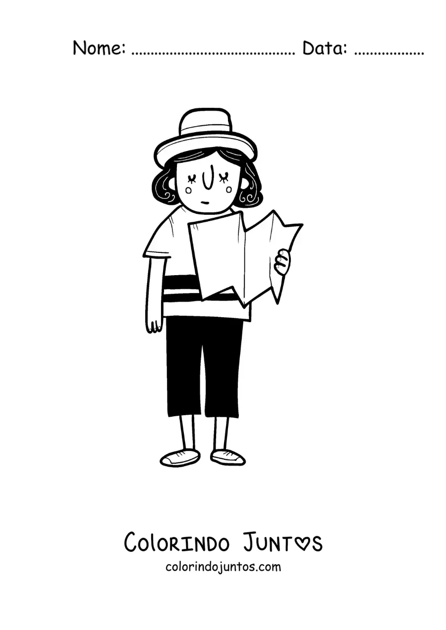 Desenho para colorir de um desenho de uma menina turista lendo um mapa
