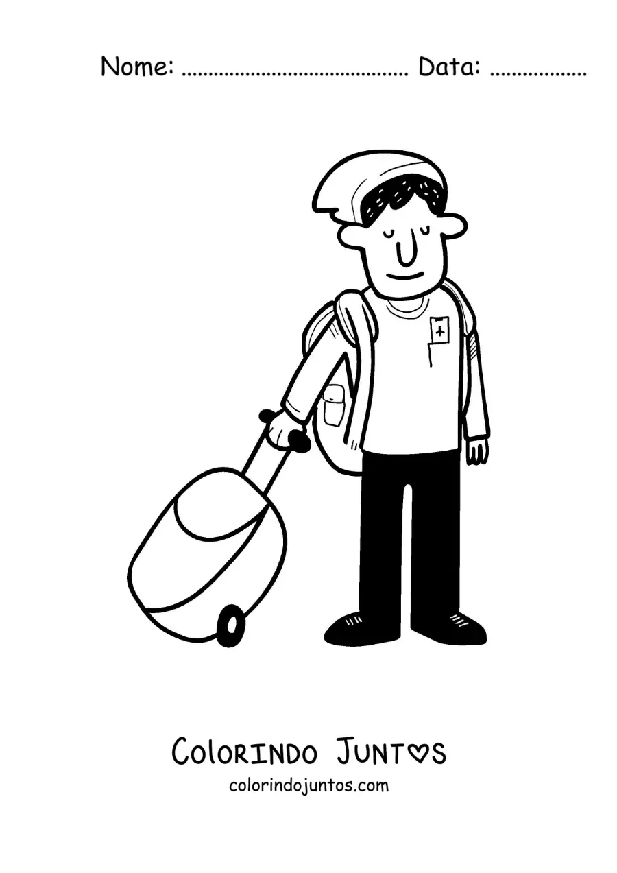 Desenho para colorir de um desenho de um menino viajante com sua mala