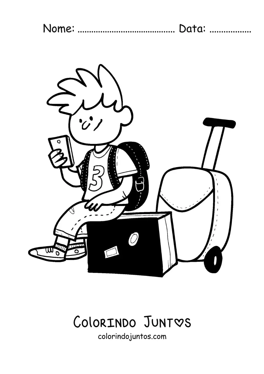 Desenho para colorir de um desenho de um menino viajante sentado em sua mala