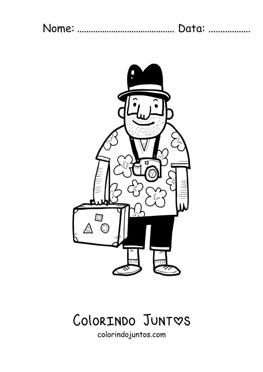 Desenho para colorir de um desenho de um turista com camisa de flores, câmera e mala