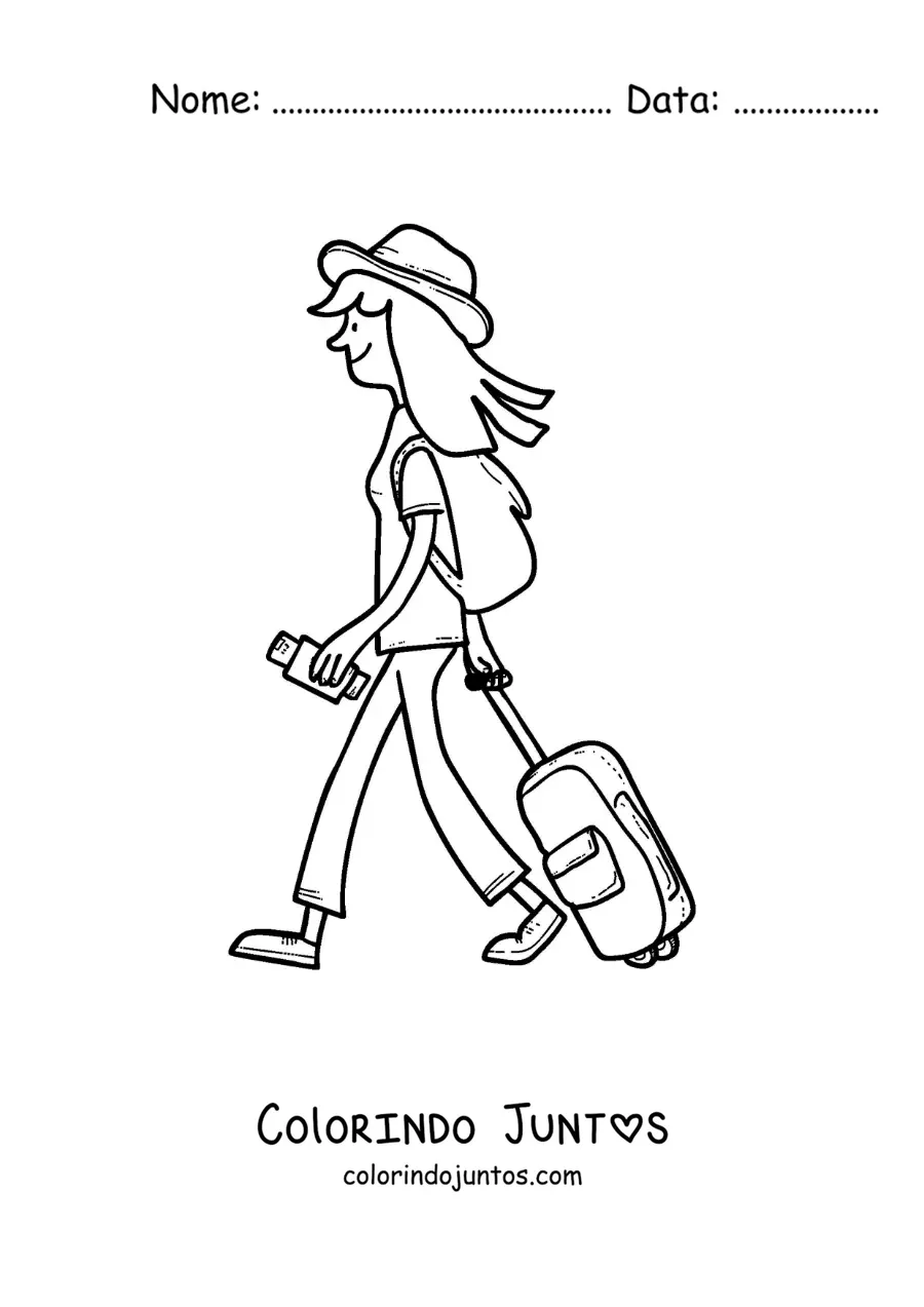 Desenho para colorir de uma menina em viagem caminhando com sua bagagem