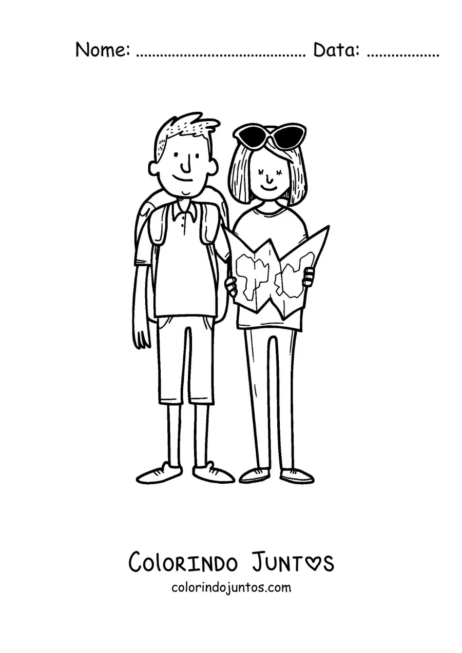 Desenho para colorir de um casal de mochileiros lendo um mapa