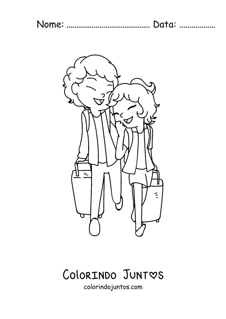 Desenho para colorir de um casal kawaii em viagem com malas