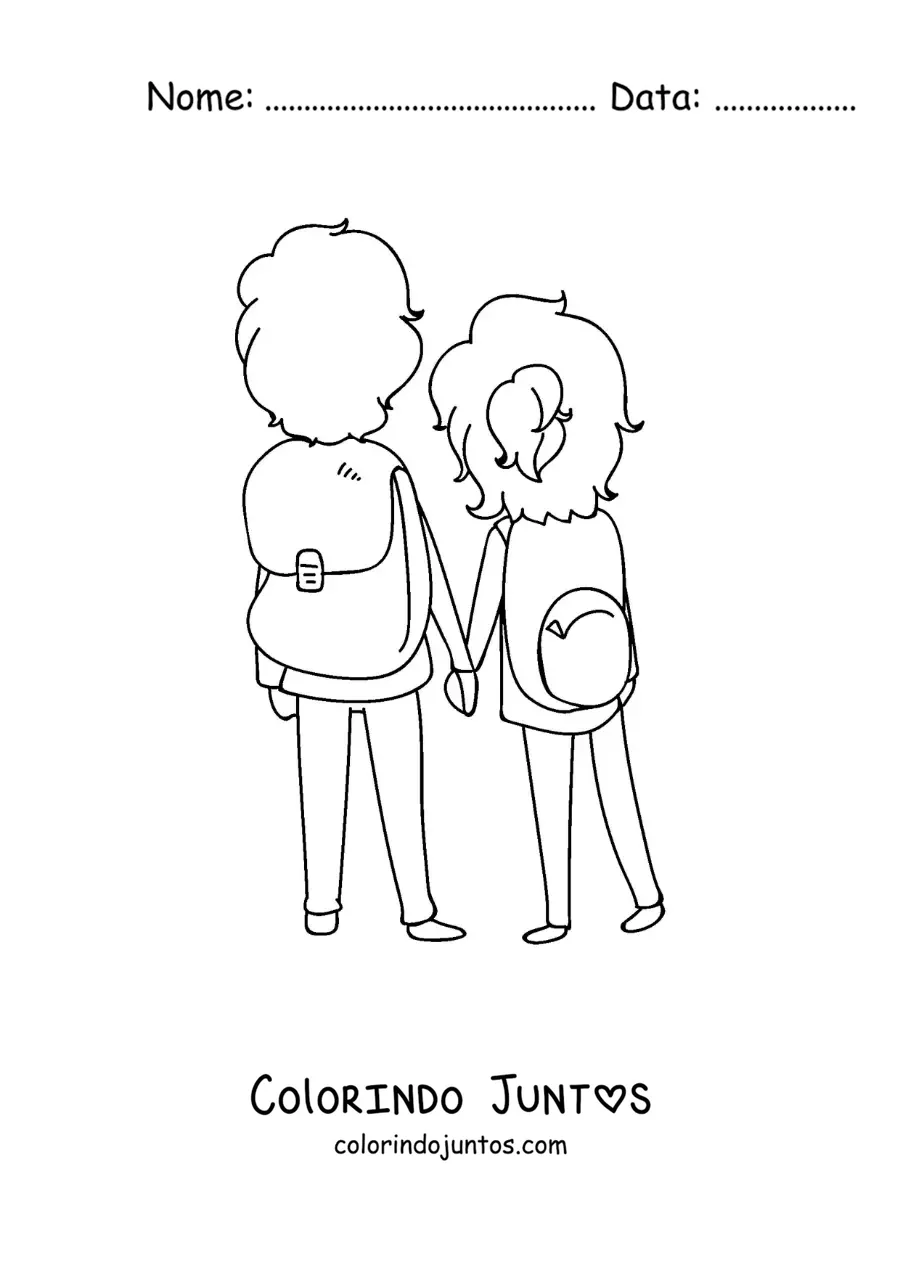 Desenho para colorir de um casal de mochileiros de costas