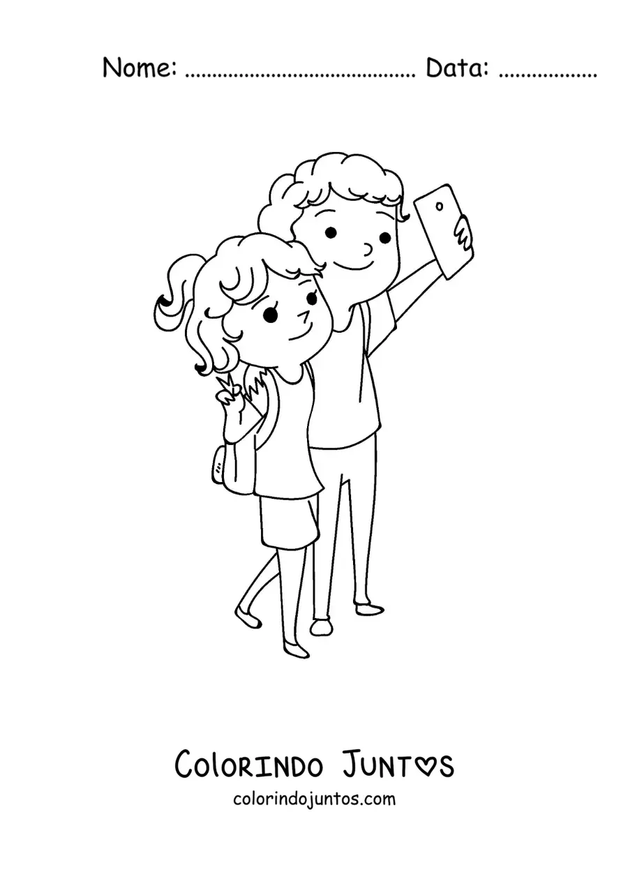 Desenho para colorir de um casal kawaii de mochileiros tirando uma selfie