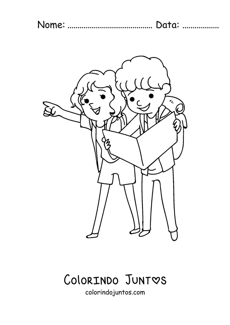 Desenho para colorir de um casal kawaii de mochileiros lendo um mapa