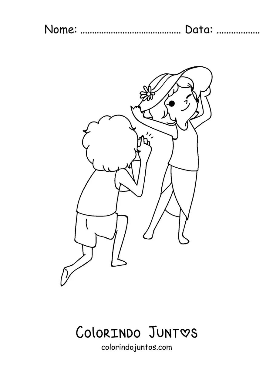 Desenho para colorir de um casal kawaii de turistas tirando fotos na praia