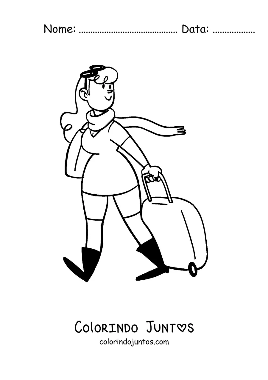 Desenho para colorir de um desenho de uma mulher em viagem com mala e um cachecol
